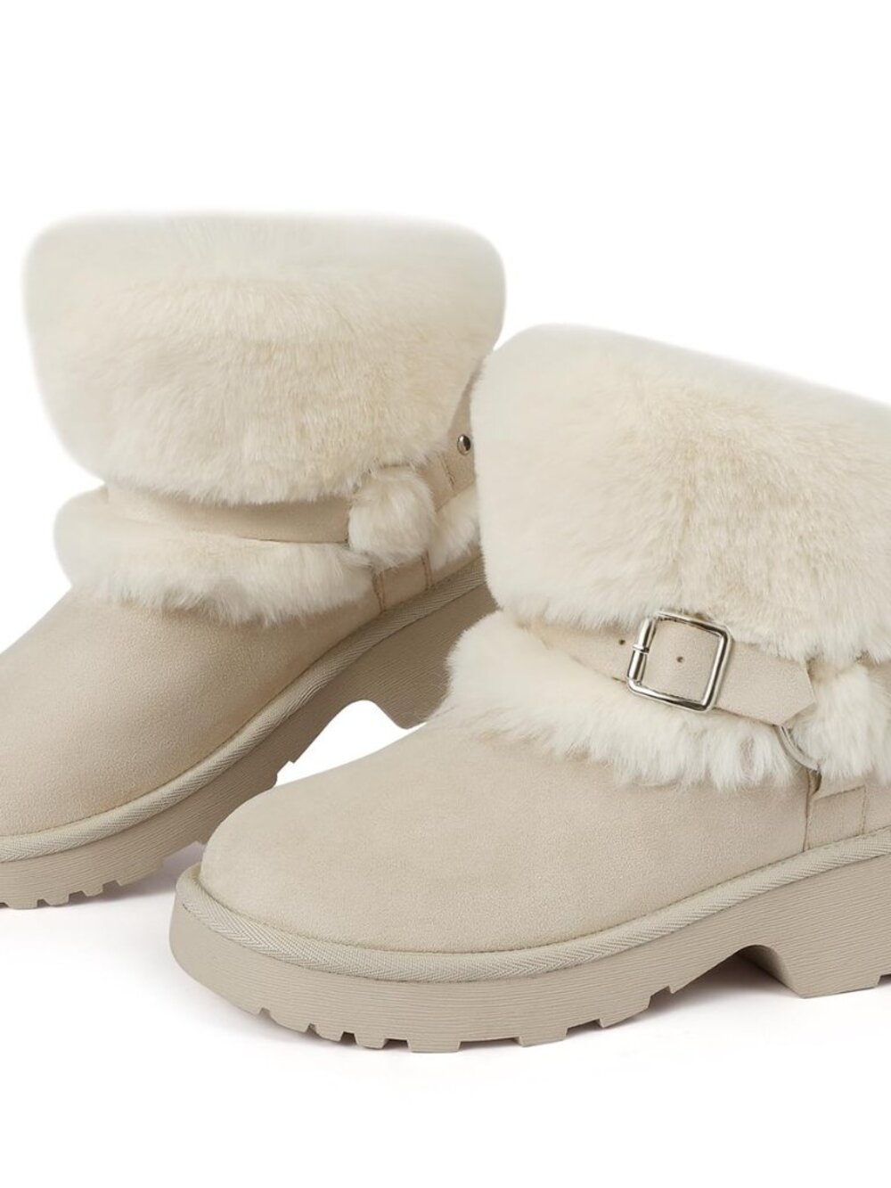 Furry Winter Boots for Women Block Heels Platform Buckle Slip On